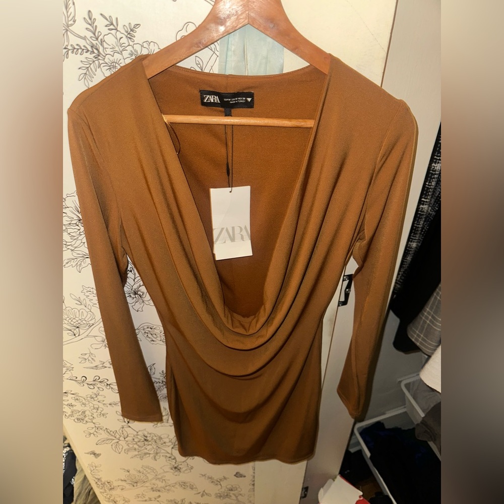 Zara Camel Cowl Neck Dress